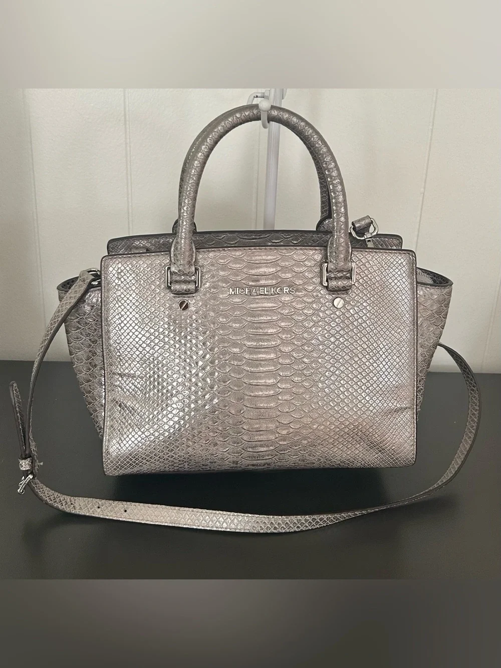 Michael Kors Metallic Silver Snake Print Satchel Crossbody Shoulder Bag